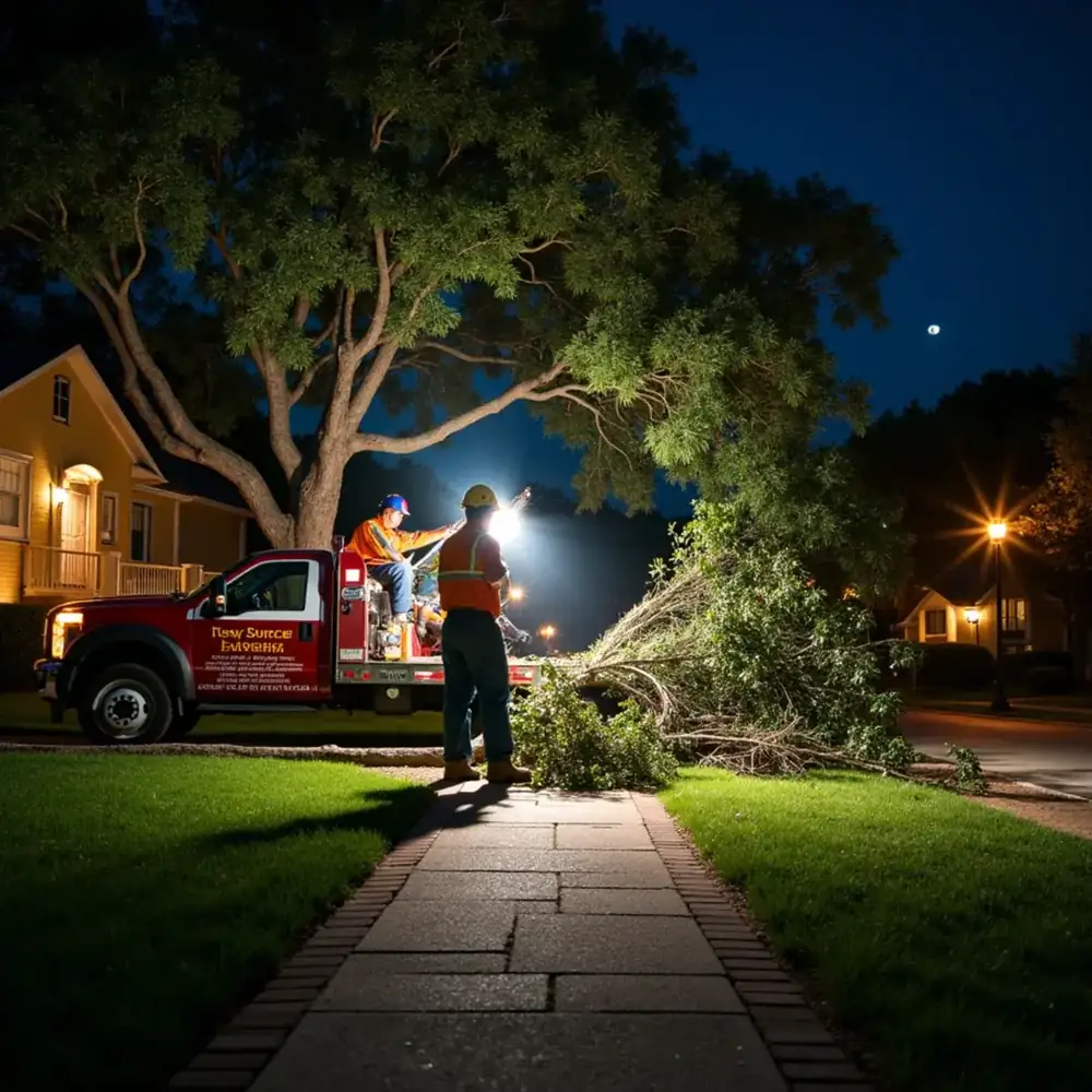 Emergency tree crew working at night to clear a fallen tree in San Antonio