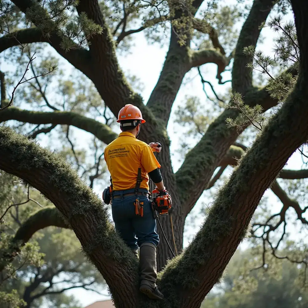 Ball moss growing on the bare interior branches of a San Antonio live oak