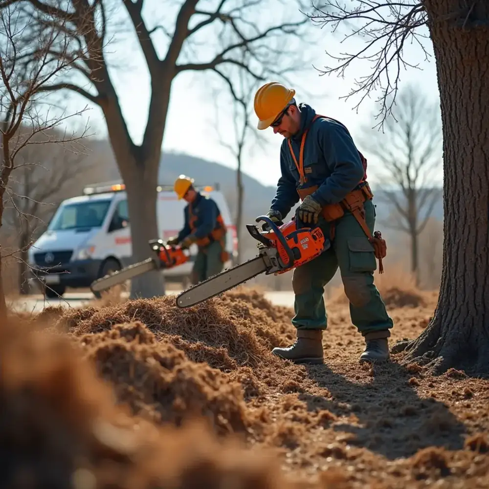 Crew clearing Ashe juniper cedar on a Hill Country lot near San Antonio in winter