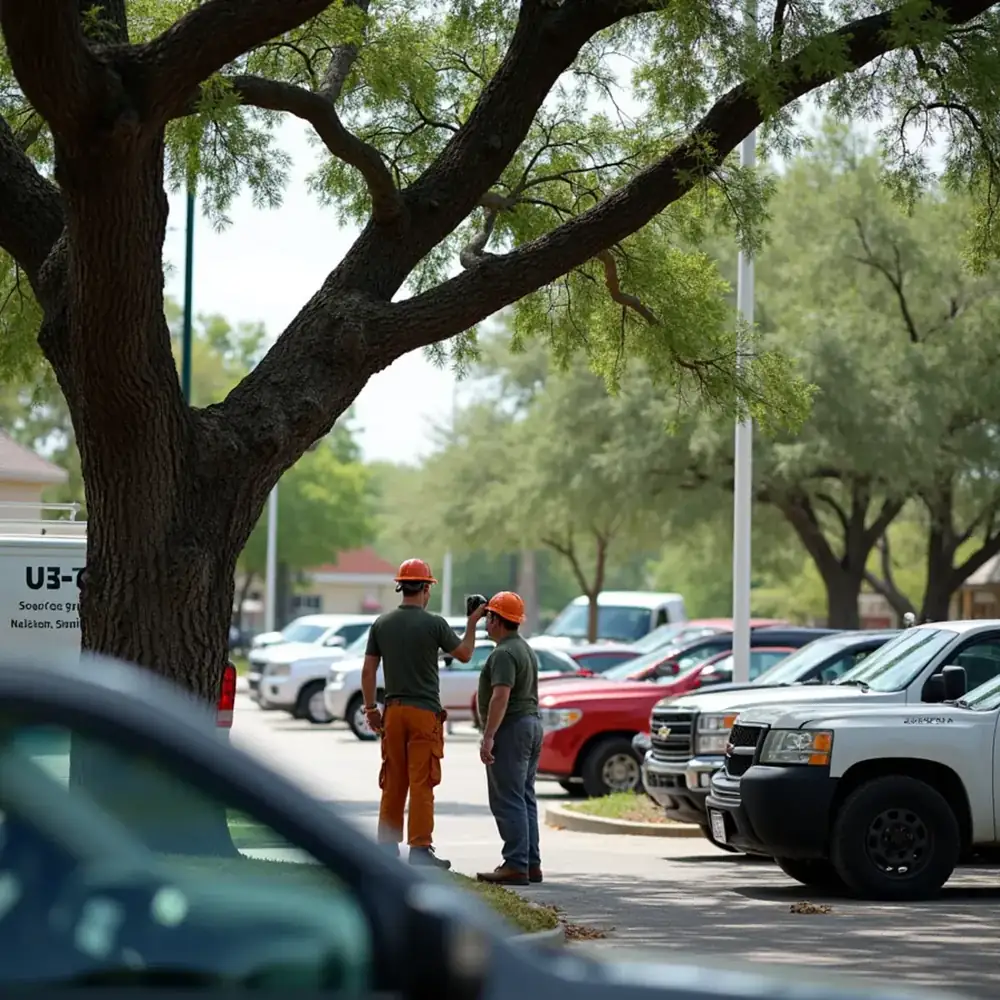 Commercial property with large trees over a parking lot in San Antonio