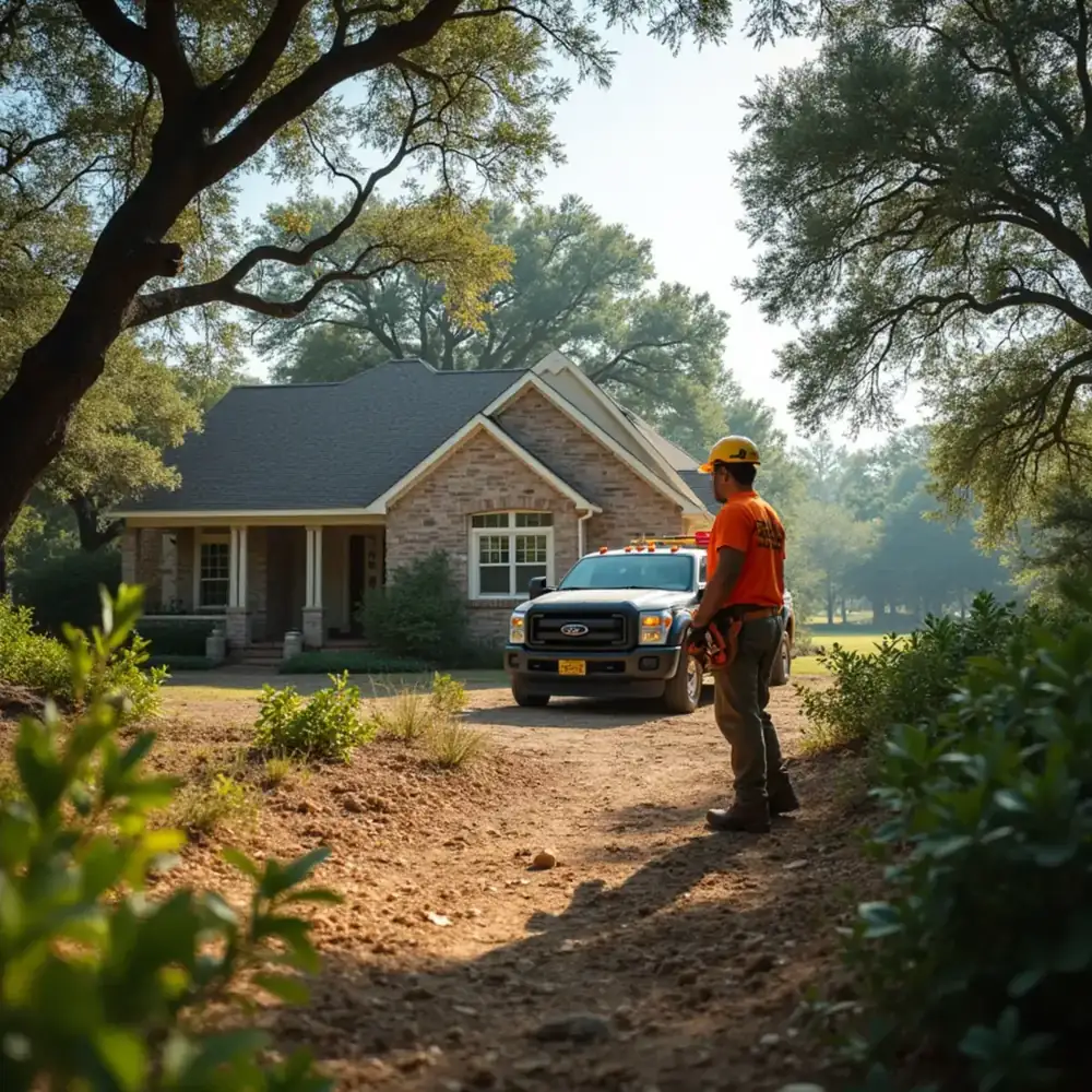 Cleared defensible space around a Hill Country home with preserved oaks