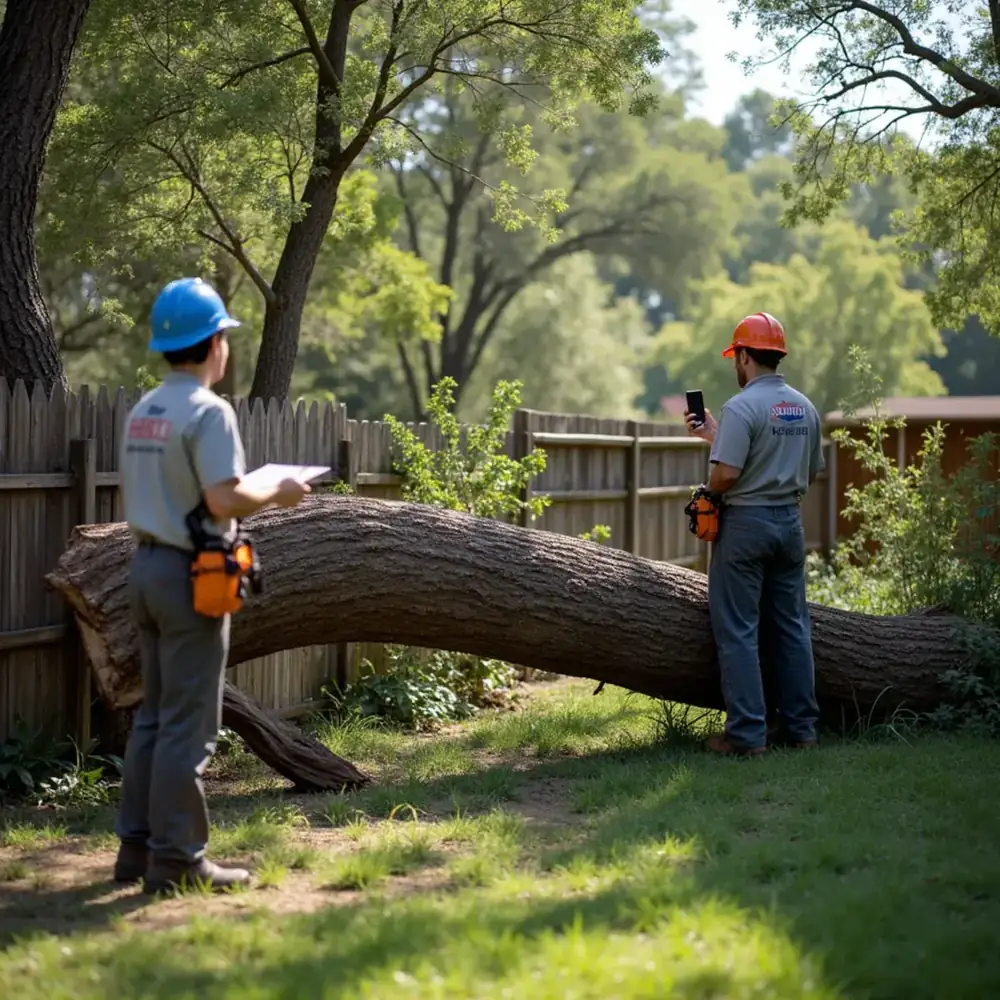 Fallen tree on a fence being documented for an insurance claim in Texas