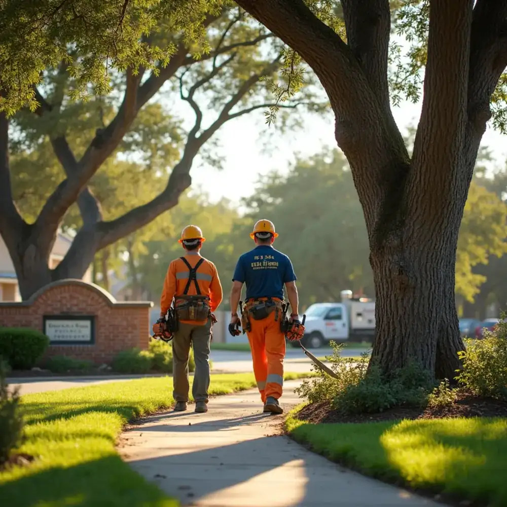 HOA common-area trees being maintained in a San Antonio neighborhood