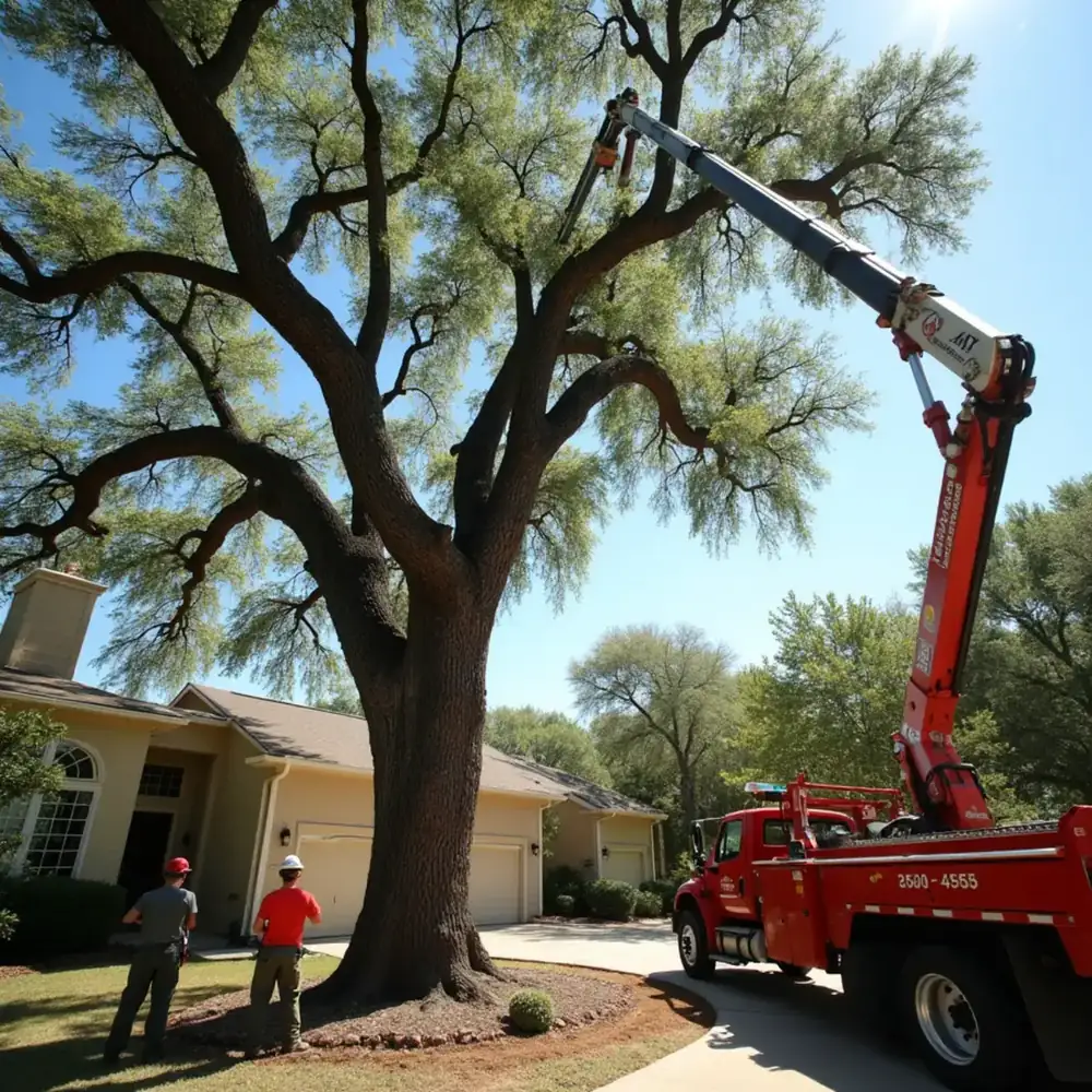 Crew removing a large tree with a crane at a San Antonio home