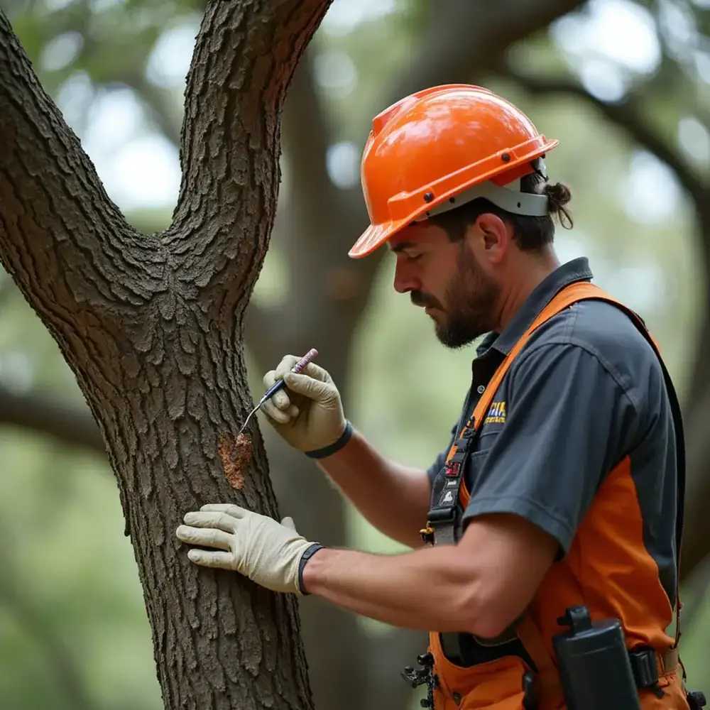 Arborist painting a fresh pruning wound on a live oak in San Antonio