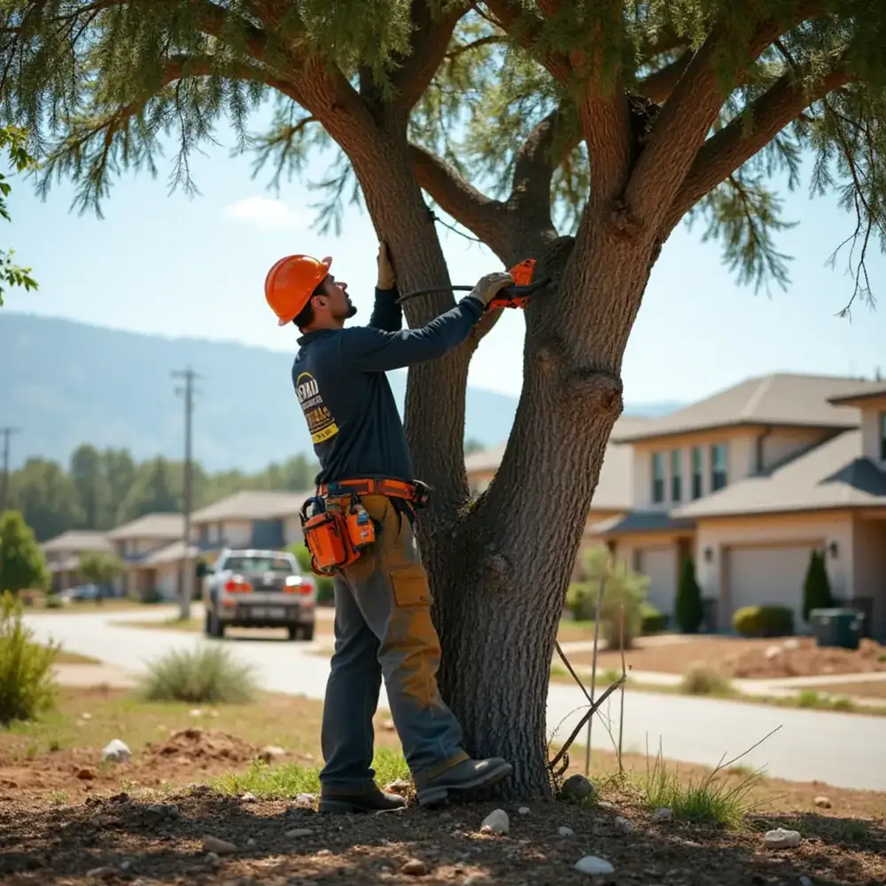 Young live oak being structurally pruned in a new San Antonio subdivision