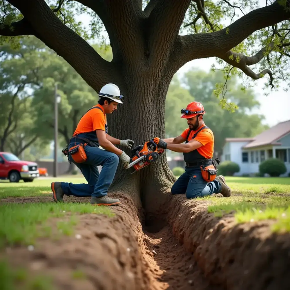 Arborist injecting a live oak with fungicide to treat oak wilt in Texas