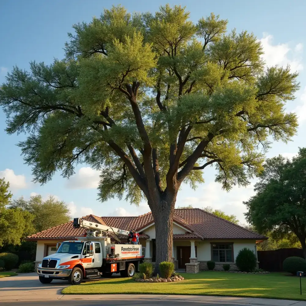 Healthy live oak canopy over a San Antonio home across the seasons