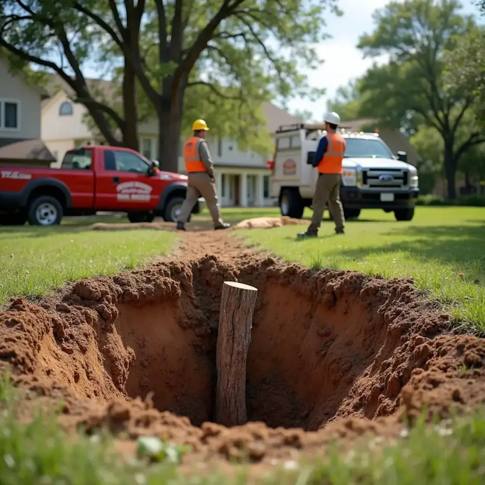 Stump grinder reducing a tree stump below grade in a San Antonio yard