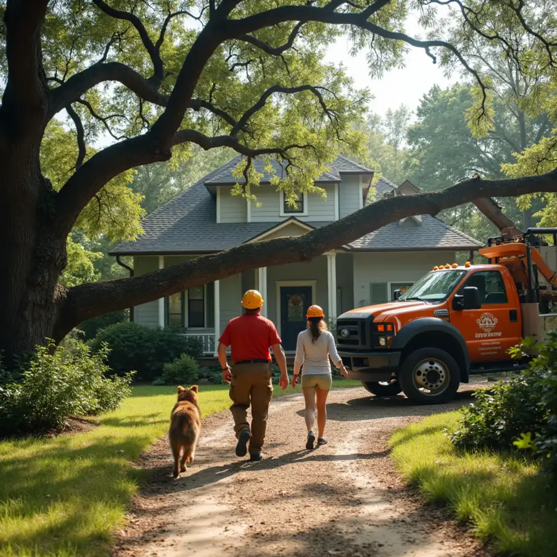 Family and pets moving safely away from a fallen tree on a San Antonio house