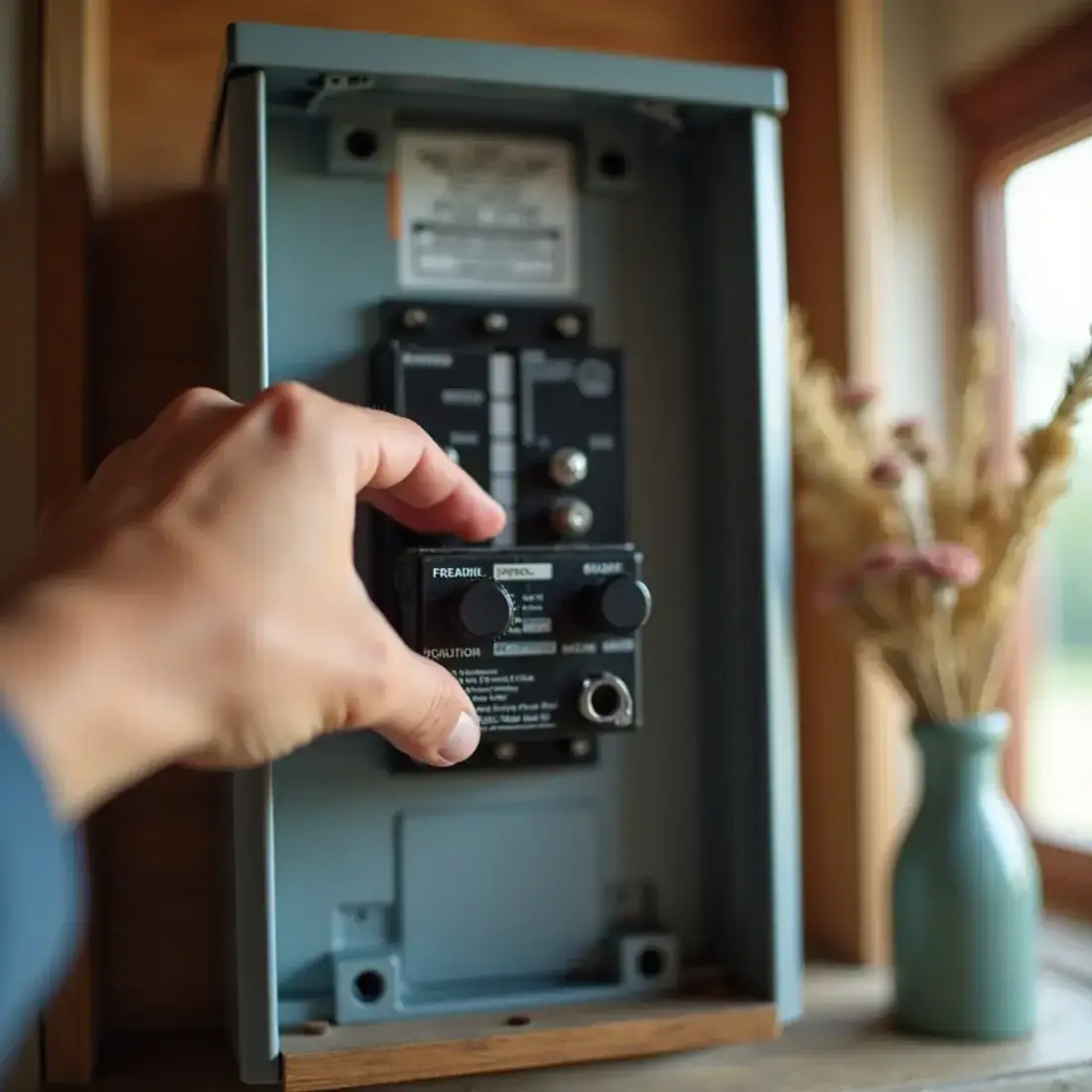 Homeowner shutting off electricity at the breaker panel during a tree emergency