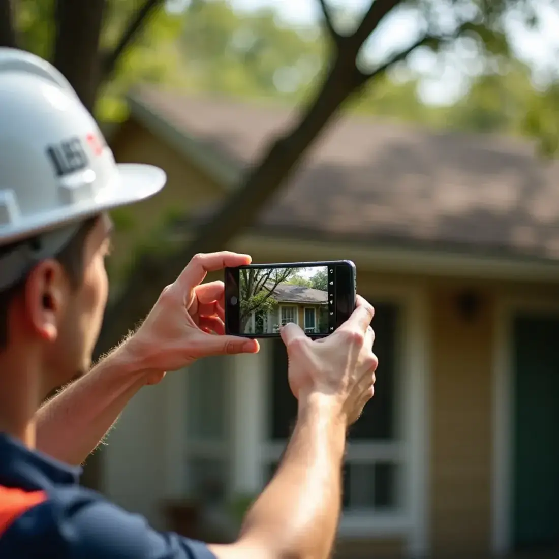 Homeowner photographing roof damage from a fallen tree for an insurance claim
