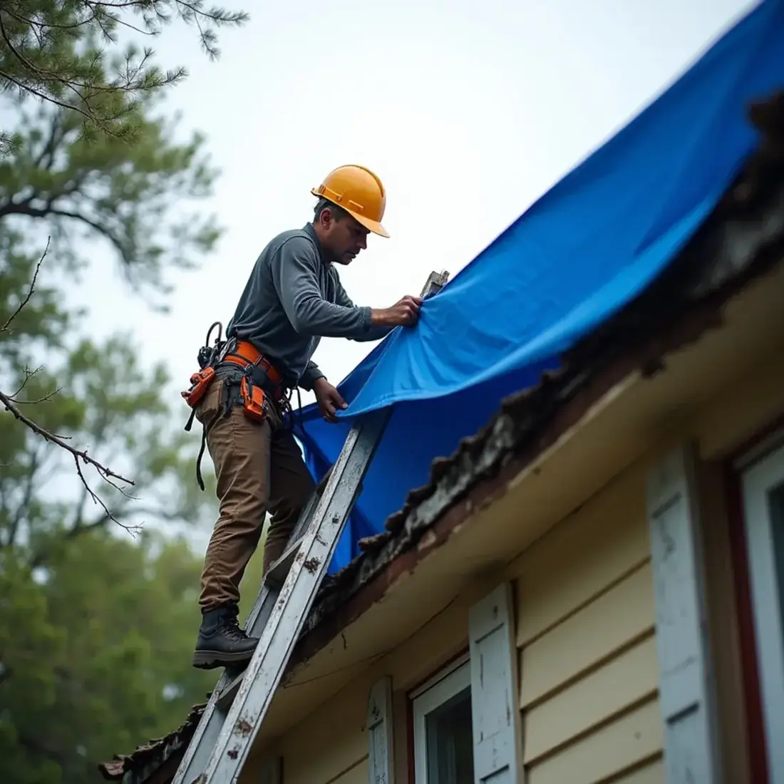 Tree crew tarping an exposed roof section to prevent further water damage