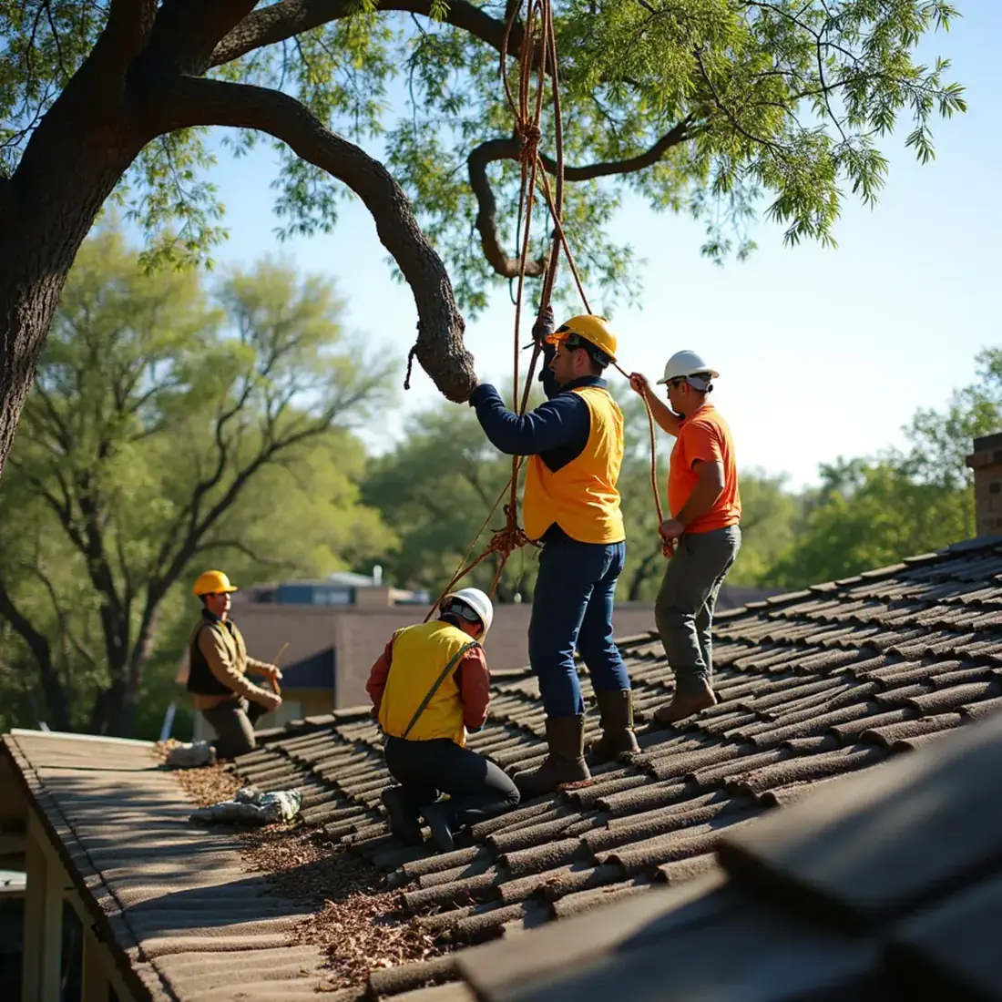 Professional tree crew rigging a fallen tree off a San Antonio rooftop