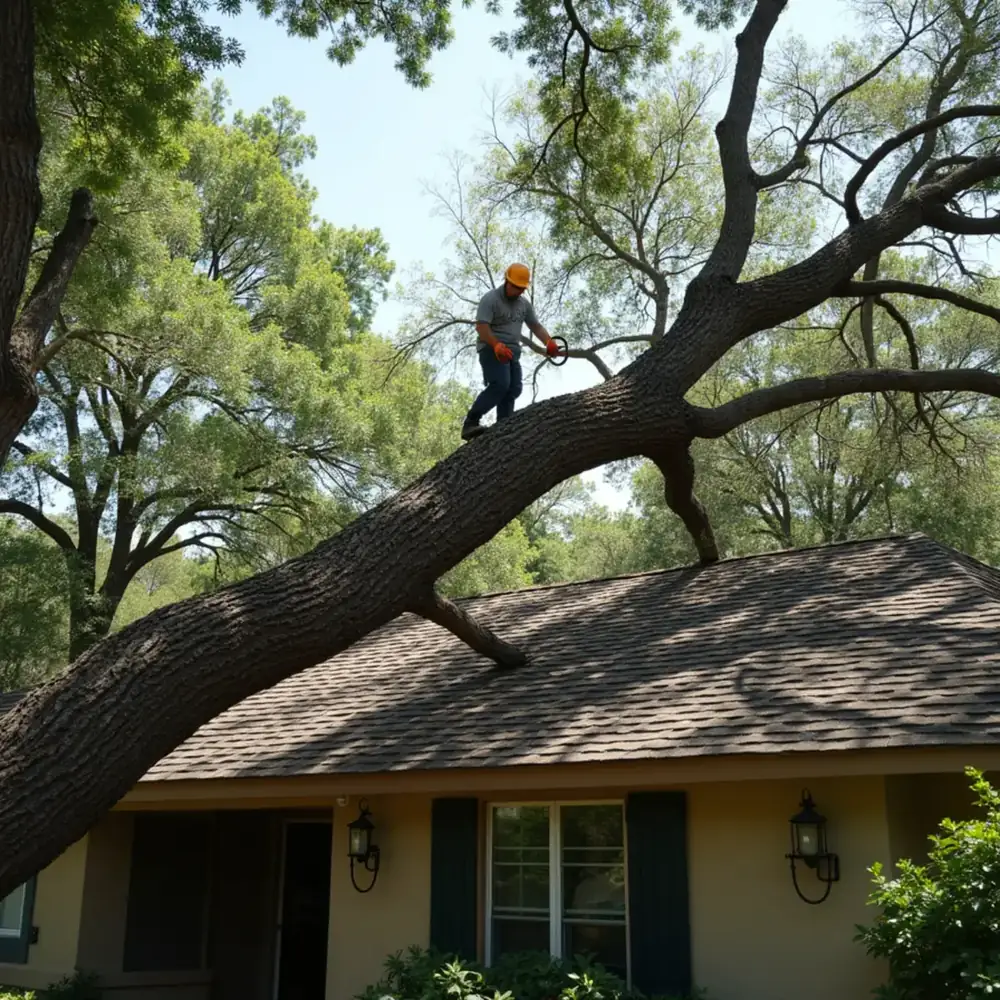 Large tree fallen on the roof of a San Antonio home after a storm