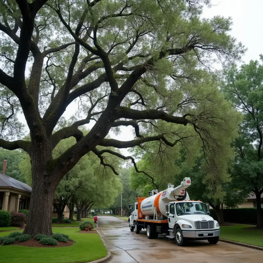 Cedar elm with a large storm-broken limb over a San Antonio driveway