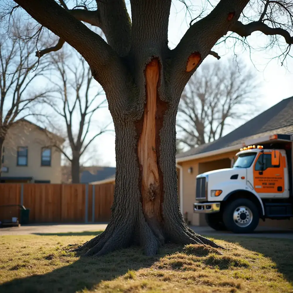 Live oak with ice-damaged split limbs in San Antonio after a winter freeze