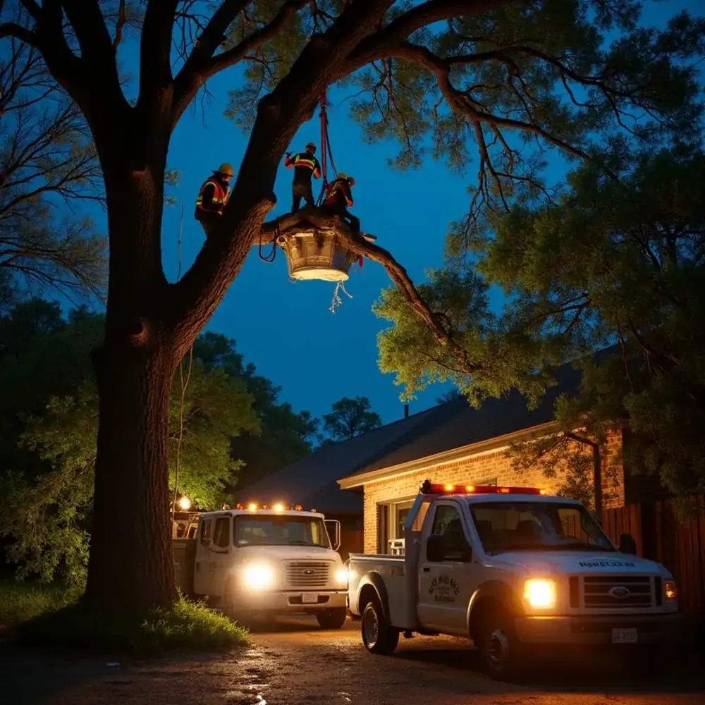Emergency crew removing a fallen tree from a San Antonio home at night