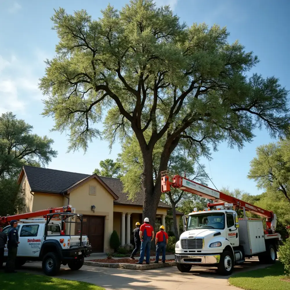 Fallen live oak being removed from a rooftop in San Antonio