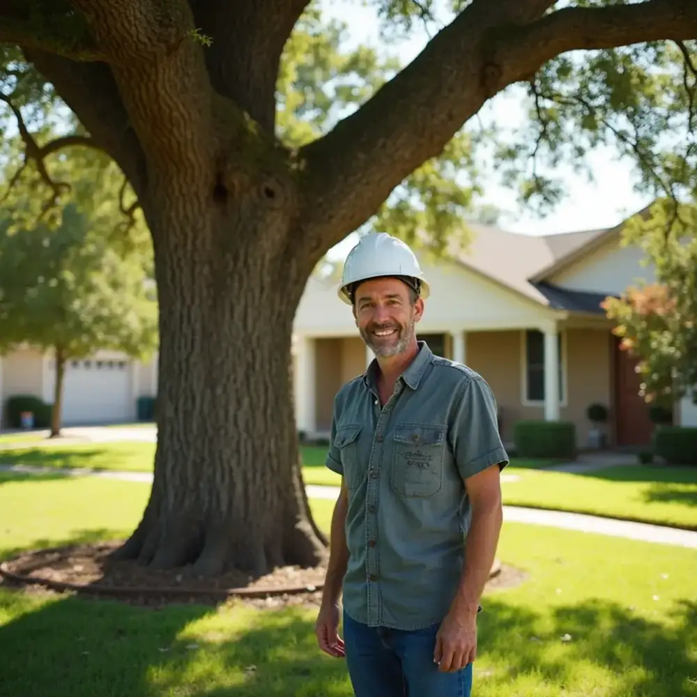 Satisfied homeowner with a freshly pruned live oak in a San Antonio yard