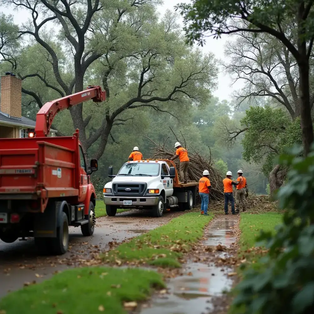 Crew clearing storm-downed tree limbs and debris from a San Antonio yard